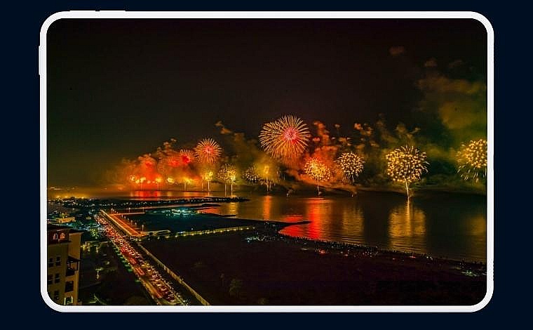 Fireworks above water.