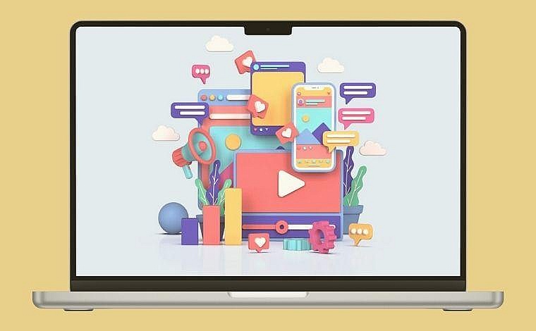 A laptop screen displays icons for authors social media marketing.